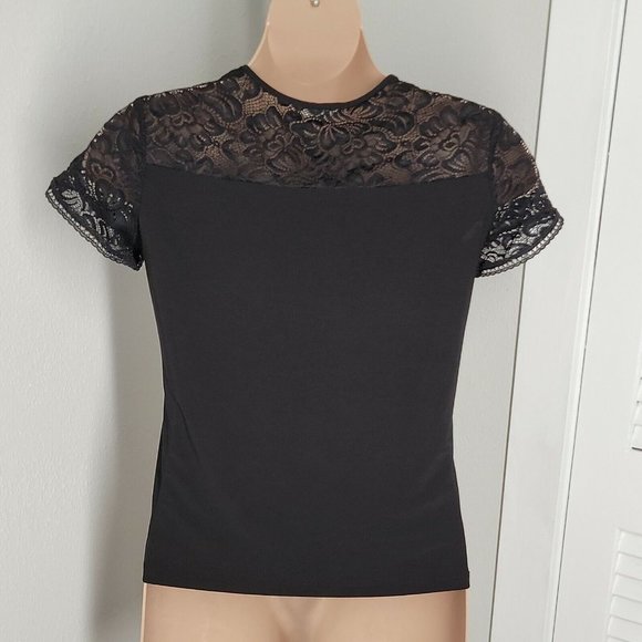 Perception Concept Cute Stretchy Shirt Blouse ~ Sz L ~ Black ~ Short Sleeve - Picture 4 of 5